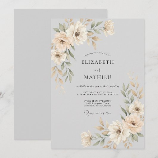 Ivory Ethereal Blossom Wedding 招待状 (正面/裏面)