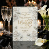 Ivory Faux Embossed 3D White Rose Floral Wedding  招待状