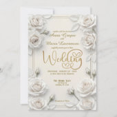 Ivory Faux Embossed 3D White Rose Floral Wedding  招待状 (正面)