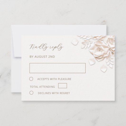 Ivory Faux Paper Cut Roses Wedding RSVP Card (正面)