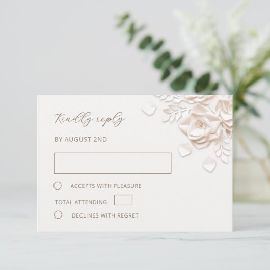 Ivory Faux Paper Cut Roses Wedding RSVP Card (スタンド正面)