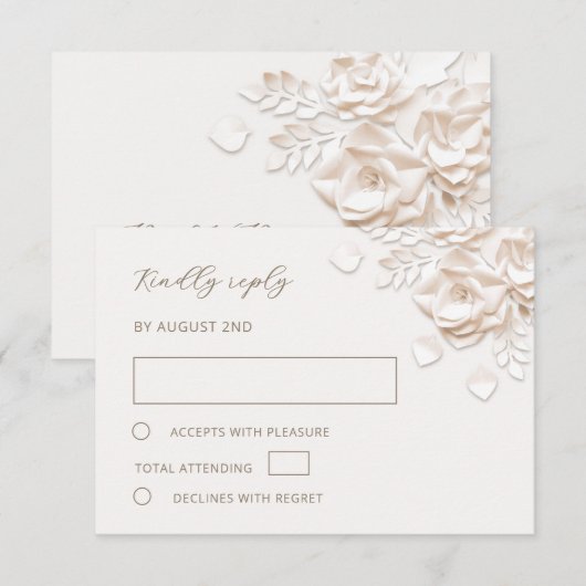 Ivory Faux Paper Cut Roses Wedding RSVP Card (正面/裏面)