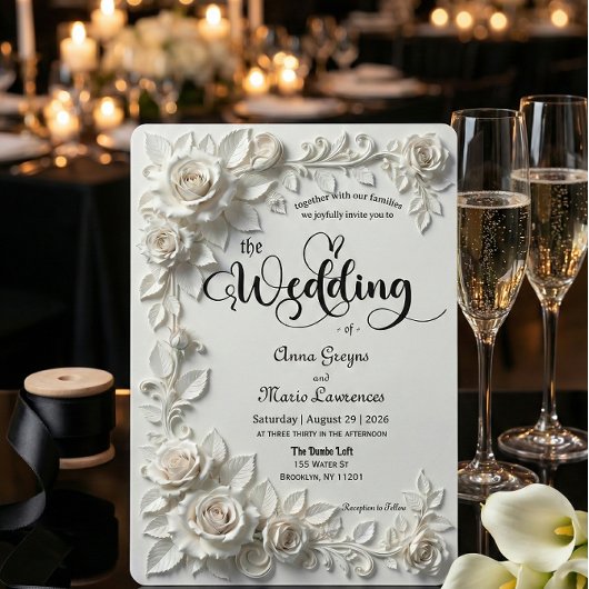 Ivory Faux Plaster Relief Roses Formal Wedding  招待状