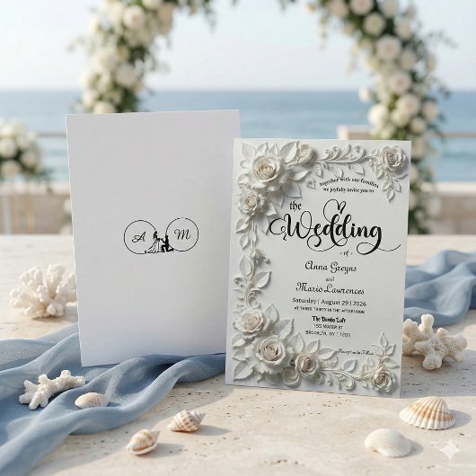 Ivory Faux Plaster Relief Roses Formal Wedding  招待状