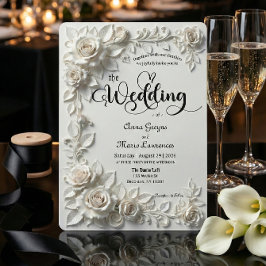 Ivory Faux Plaster Relief Roses Formal Wedding  招待状