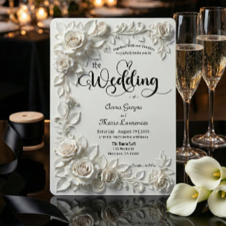 Ivory Faux Plaster Relief Roses Formal Wedding  招待状
