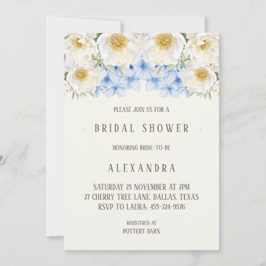 Ivory Floral Blue Hydrangea Garden Bridal Shower 招待状 (正面)