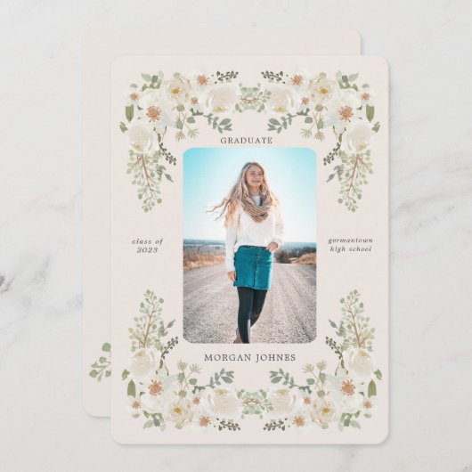 Ivory Floral Border Photo Graduation Announcement 招待状 (正面/裏面)