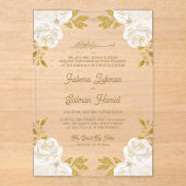  Ivory Floral Gold Glitter Islamic Muslim Wedding アクリル招待状 (正面)