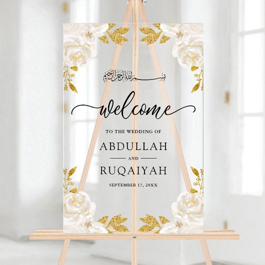  Ivory Floral Gold Muslim Wedding Welcome アクリルサイン