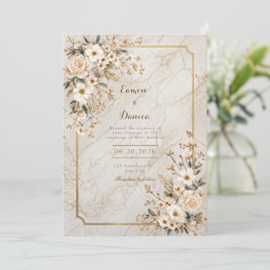 Ivory Floral Marble Gilded Frame Wedding 招待状 (スタンド正面)