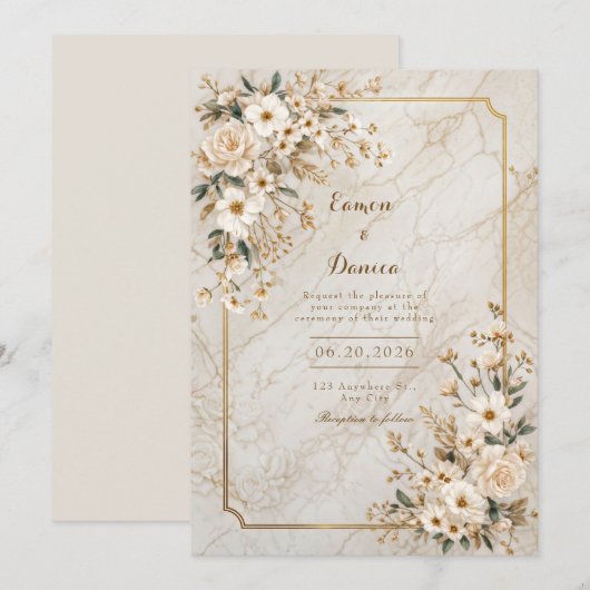 Ivory Floral Marble Gilded Frame Wedding 招待状 (正面/裏面)