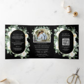 Ivory Floral Photo Black QR Code Wedding 三つ折り招待状 (内部)