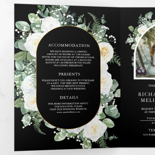 Ivory Floral Photo Black QR Code Wedding 三つ折り招待状 (内部最初)