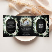 Ivory Floral Photo Black QR Code Wedding 三つ折り招待状