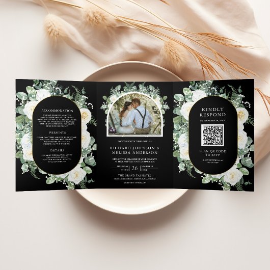 Ivory Floral Photo Black QR Code Wedding 三つ折り招待状