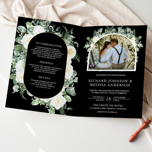 Ivory Floral Photo Black QR Code Wedding 招待状