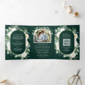 Ivory Floral Photo Emerald Green QR Code Wedding 三つ折り招待状 (内部)