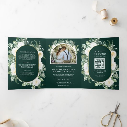 Ivory Floral Photo Emerald Green QR Code Wedding 三つ折り招待状 (内部)