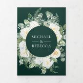 Ivory Floral Photo Emerald Green QR Code Wedding 三つ折り招待状 (カバー)