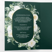 Ivory Floral Photo Emerald Green QR Code Wedding 三つ折り招待状 (内部最初)