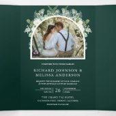 Ivory Floral Photo Emerald Green QR Code Wedding 三つ折り招待状 (内部中)
