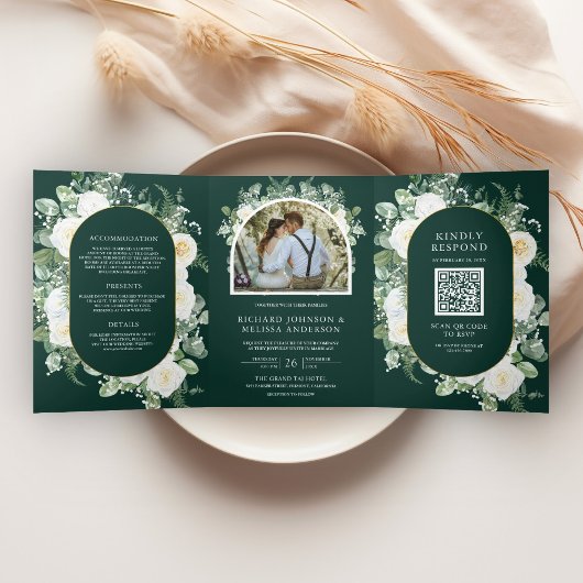 Ivory Floral Photo Emerald Green QR Code Wedding 三つ折り招待状