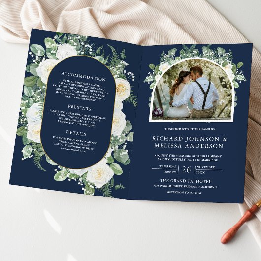 Ivory Floral Photo Navy Blue QR Code Wedding 招待状