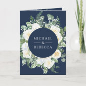 Ivory Floral Photo Navy Blue QR Code Wedding 招待状 (正面)