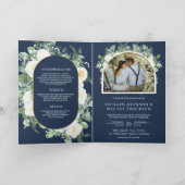 Ivory Floral Photo Navy Blue QR Code Wedding 招待状 (内部)