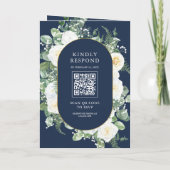 Ivory Floral Photo Navy Blue QR Code Wedding 招待状 (裏面)