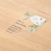 Ivory Floral Sage Green Leaves Wedding アクリル招待状 (レイダウン)