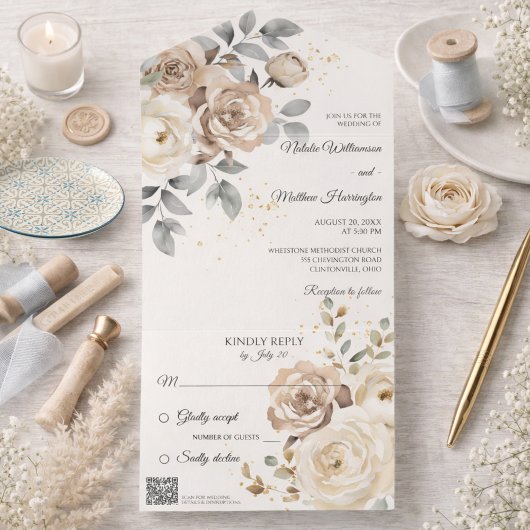 Ivory Floral Wedding with QR Code オールインワン招待状
