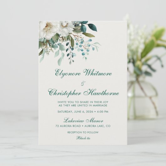 Ivory Forest Teal Script Floral Wedding 招待状 (スタンド正面)