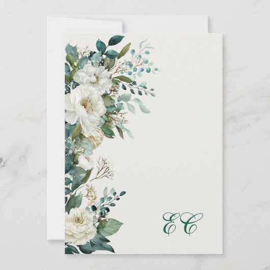 Ivory Forest Teal Script Floral Wedding 招待状 (裏面)