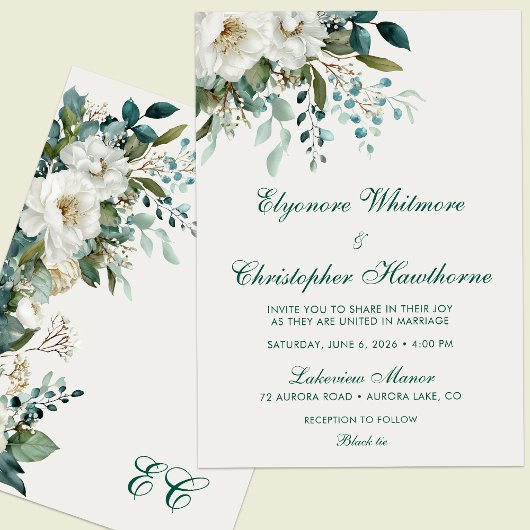 Ivory Forest Teal Script Floral Wedding 招待状
