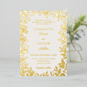 Ivory gold botanical leaves luxury wedding 箔招待状 (立ち正面)