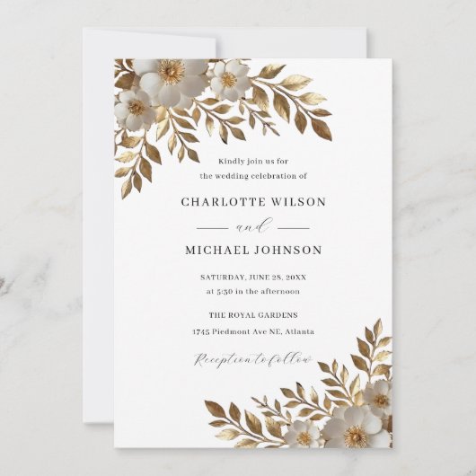 Ivory Gold Floral Bloom Wedding Invitation  招待状 (正面)
