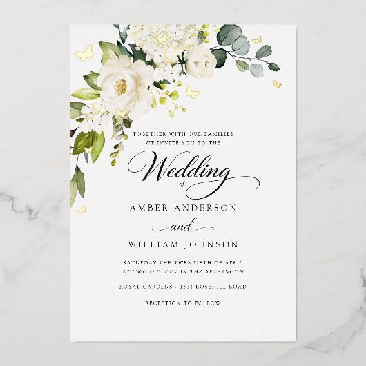 Ivory Gold Floral Butterfly Wedding  箔招待状 (正面)