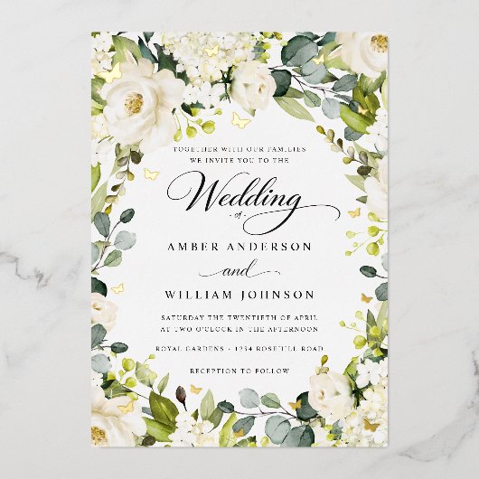 Ivory Gold Floral Butterfly Wedding  箔招待状 (正面)