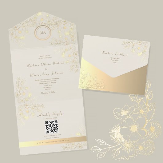 Ivory Gold Floral QR Code Wedding オールインワン招待状