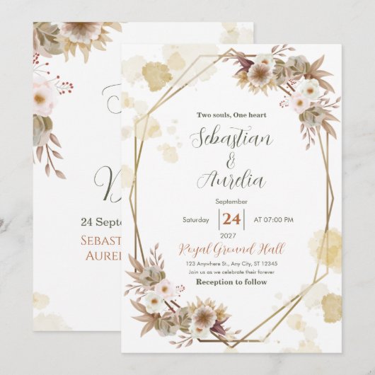 Ivory & Gold Geometric Frame Wedding Invitation 招待状 (正面/裏面)