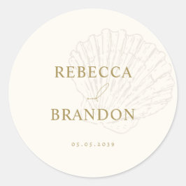 Ivory & Gold Hand Drawn Seashell Wedding Favor ラウンドシール