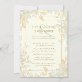 Ivory Gold Leafy Border Botanical Elegant Wedding  招待状