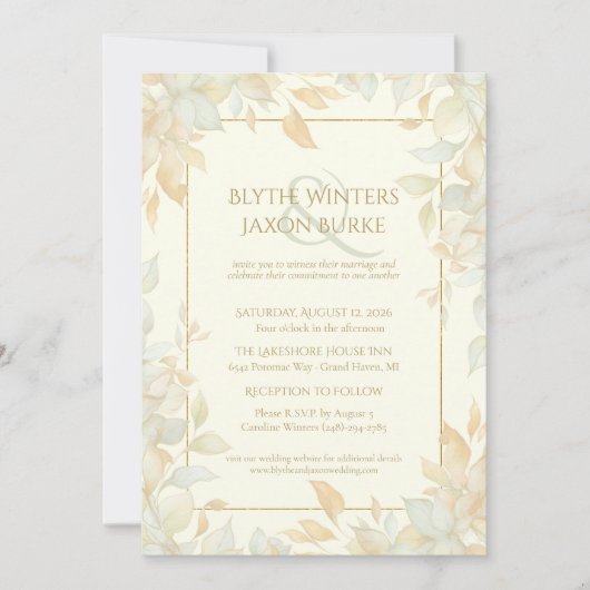 Ivory Gold Leafy Border Botanical Elegant Wedding  招待状 (正面)
