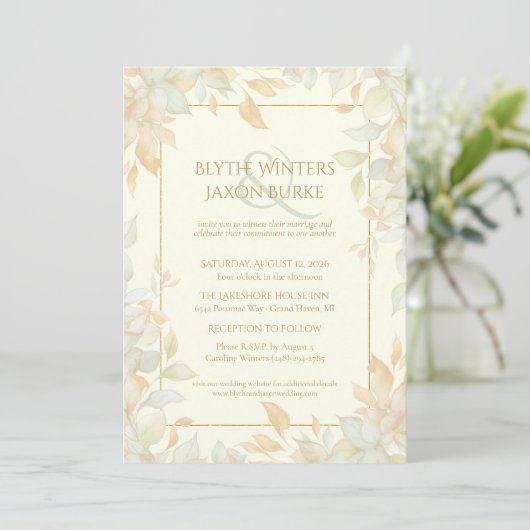 Ivory Gold Leafy Border Botanical Elegant Wedding  招待状 (スタンド正面)