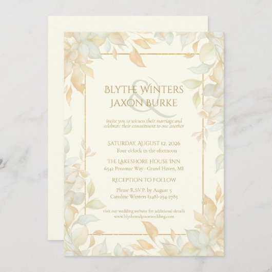 Ivory Gold Leafy Border Botanical Elegant Wedding  招待状 (正面/裏面)
