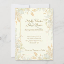 Ivory Gold Leafy Border Botanical Elegant Wedding 招待状