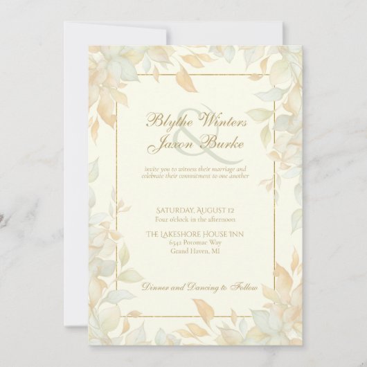 Ivory Gold Leafy Border Botanical Elegant Wedding 招待状 (正面)