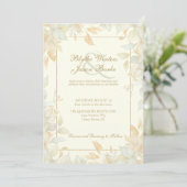 Ivory Gold Leafy Border Botanical Elegant Wedding 招待状 (スタンド正面)